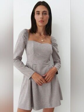 Mohito Checked Square-Neck Long-Sleeve Mini Dress - Cream/pink/Black.